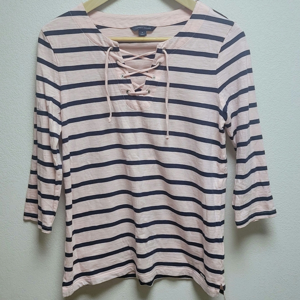 Tommy Hilfiger Pink & Navy Striped Lace Up Shirt Womens size medium